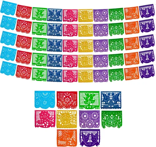 Pancartas de fiesta mexicana (paquete de 5 con 10 banderas de plástico por bandera), papel picado mexicano para fiesta, papel picado de plástico,