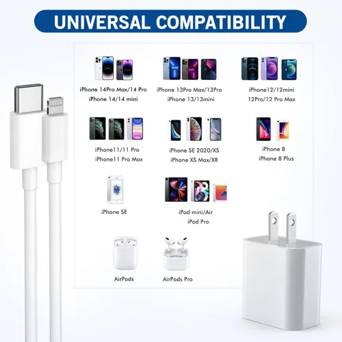Miniatura 5 de Cargador rápido para iPhone, [certificado MFi] Paquete de 2 cables USB C a Lightning de 10 pies + cargador USB C de 20 W PD USB C adaptador de carga