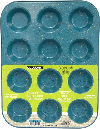 casaWare Mini molde para magdalenas de 12 tazas con revestimiento de cerámica antiadherente (granito azul)