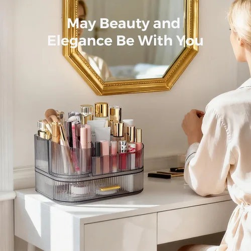 Miniatura 8 de Delamu Organizador de maquillaje para tocador con cajones apilables, soporte giratorio de 360º para brochas de maquillaje, vitrina grande