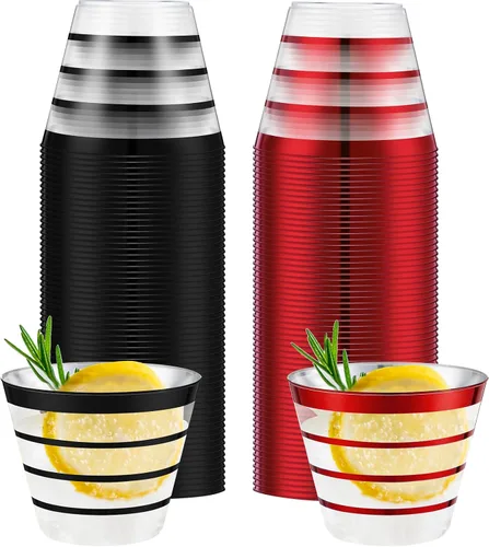 Miniatura 11 de Gejoy 50 vasos de plástico a rayas negras de 9 onzas, desechables a granel, vasos de plástico duro para beber, vasos para bodas, reuniones, Negro