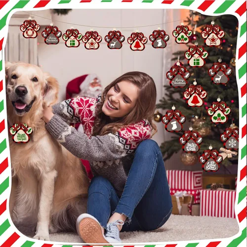 Miniatura 5 de 12 adornos navideños para perro, árbol de Navidad, adornos de pata de perro, lindos recortes de madera de 2 capas de impresión de patas, decoración