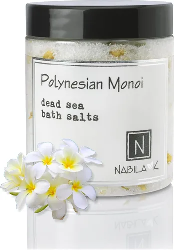 Nabila K - Sales de baño monoi polinesias – Sal del Mar Muerto y sal de Epsom exfoliante y remojar – Exfolia e hidrata la piel, aceites esenciales