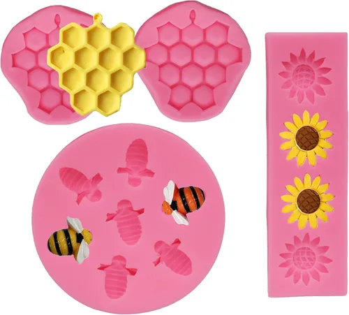 4 moldes de silicona de abejorros para panal, girasol y abeja, kit de moldes para fondant de cupcakes, colmena, bricolaje, fondant, dulces, Rosa