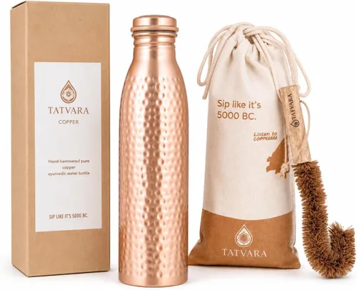 Botella de agua de cobre 100% puro de 32 onzas / 32.1 fl oz, botella a prueba de fugas con bolsa de regalo, diseño martillado hecho a mano, botella