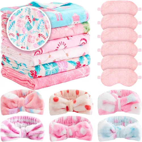 Fanfanwin 18 piezas de suministros de fiesta de pijamas para niñas, 6 estilos lindos manta de muñeco de nieve rosa, 6 diademas de forro polar coral,