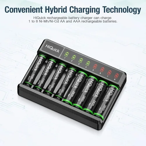 Miniatura 3 de HiQuick Cargador inteligente de 8 bahías con batería recargable AA AAA, 4 pilas AA de 2800 mAh y 4 pilas AAA de 1100 mAh, carga rápida