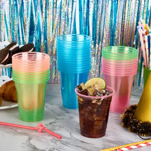 Miniatura 4 de Lilymicky Paquete de 100 vasos de plástico de 12 onzas, vasos de plástico neón brillantes para fiestas, carnavales y cualquier evento