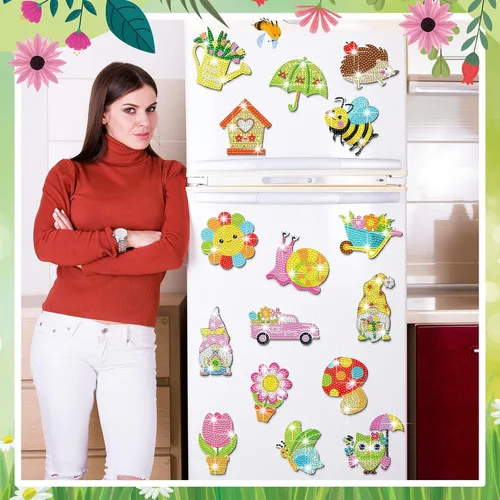 Miniatura 2 de Umigy 16 piezas de arte de diamantes de primavera para refrigerador, kits de pintura de diamantes de abeja de primavera, mariposa, gnomo, arte