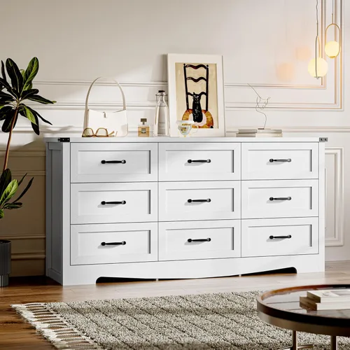 Miniatura 16 de BORNOON - Cómoda de 7 cajones para dormitorio, cómoda de madera moderna con manijas de metal, diseño antivuelco, organizador de almacenamiento Blanco