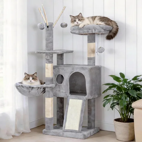 Miniatura 11 de Hey-brother Torre de árbol para gatos, postes rascadores con juguetes extraíbles, acogedor condominio, plataforma, hamaca, tabla de rascar de sisal