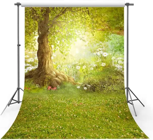 Fondo de fotografía de 6 x 8 pies, feliz Pascua, bosque, árbol grande, prado, hierba, flor blanca, cuento de hadas, estudio fotográfico, fondo de