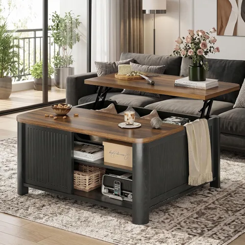 Miniatura 9 de Decofy Mesa auxiliar elevable con almacenamiento de mediados de siglo, modernas mesas de centro cuadradas para sala de estar, gran compartimento