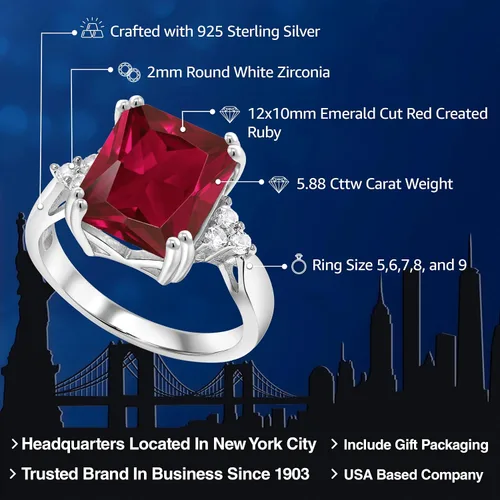 Miniatura 40 de Gem Stone King Anillo de compromiso con piedra natal de 5-10 quilates para mujer, plata de ley 925, corte esmeralda de 0.47 x 0.394 pulgadas, anillo