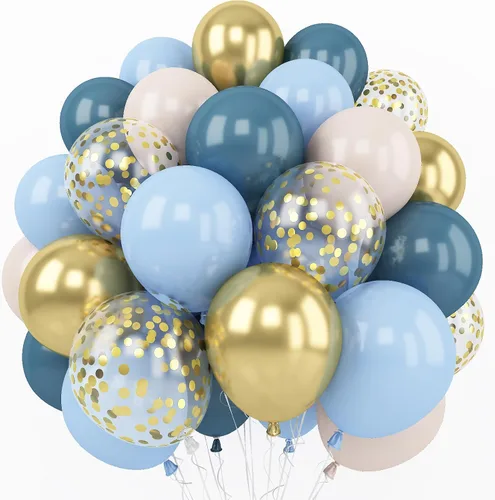 Set de globos azul polvo, 60 paquetes de 12 pulgadas de globos metálicos dorados cromados, azul macarrón, azul océano, blanco arena, confeti para