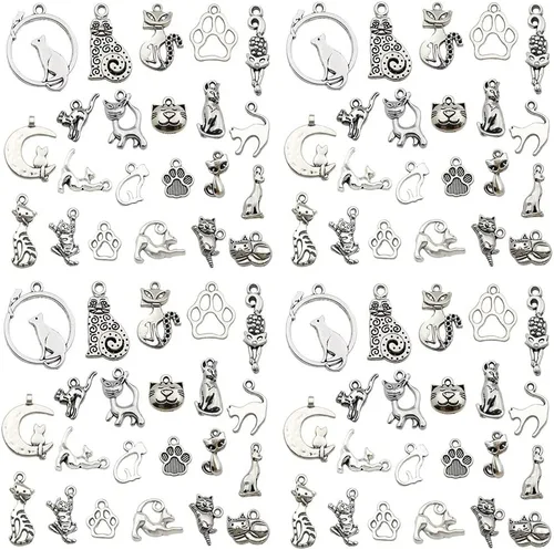 WOCRAFT 120 piezas de dijes de gato de plata envejecida para fabricación de joyas, dijes de gato de aleación para manualidades DIY (SN015)