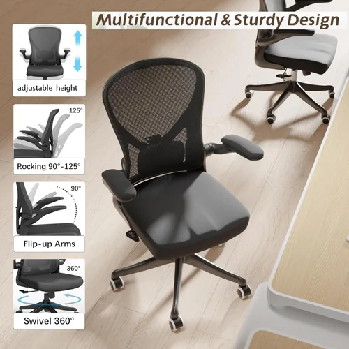 Miniatura 6 de Silla de Oficina Ergonómica con Soporte Lumbar Ajustable y Reposabrazos Abatibles - Silla de Escritorio de Computadora de Respaldo Alto con Cojín
