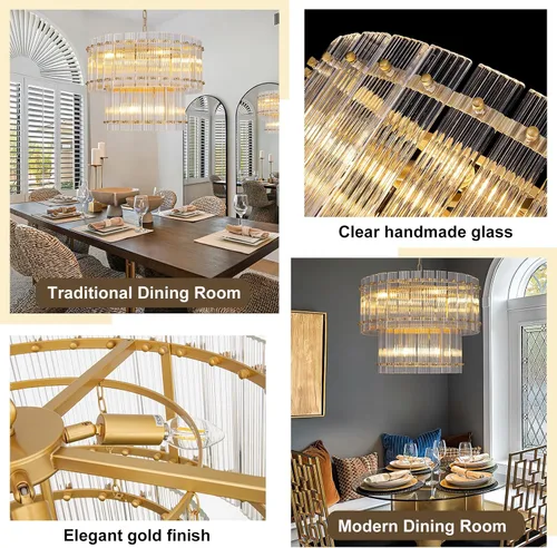 Miniatura 6 de TOCHIC Candelabro de cristal dorado de 6 luces, lámpara moderna de granja de 2 niveles para comedor, lámpara colgante para sala de estar