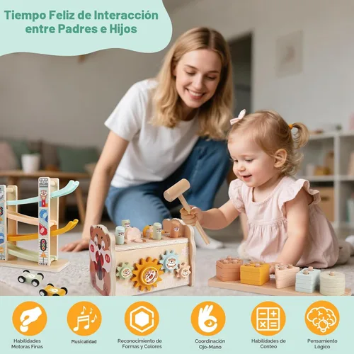 Miniatura 6 de Juguetes de madera Montessori para niños pequeños de 1 a 3 años, juguete de martillado y golpeo para bebés con xilófono y juego de pesca, pista