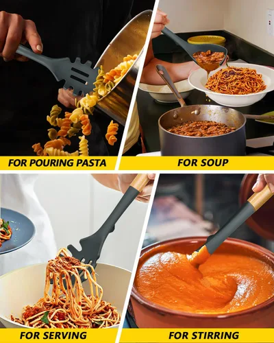 Miniatura 5 de Juego de cucharón de sopa de silicona y cuchara de espagueti con mango de madera, utensilios de cocina antiadherentes resistentes al calor para Gris