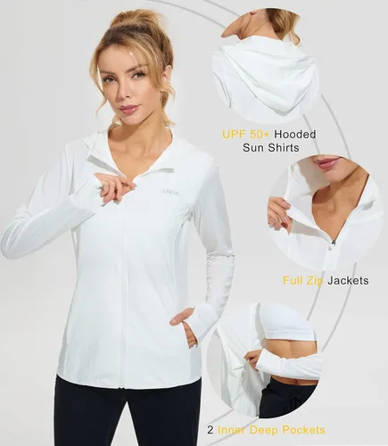 Miniatura 4 de Libin sudadera con capucha para mujer, con cremallera completa, UPF 50+, capucha con protección solar, de manga larga, para senderismo