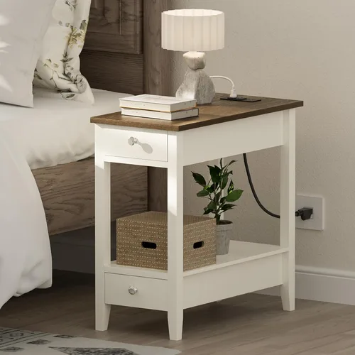 Miniatura 6 de Treocho Juego de 2 Mesas Auxiliares de Estilo Rústico para Sala de Estar, Mesa Lateral Estrecha con Estación de Carga, Mesa de Color Blanco Suave