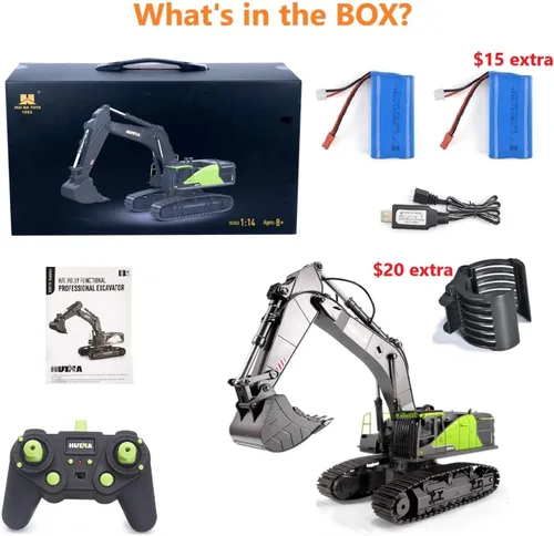 Miniatura 6 de Excavadora RC para adultos Huina 1593 Totalmente funcional Juguete 1:14 28 canales Control remoto Camión Construcción Vehículo Cubo Metal Luces LED
