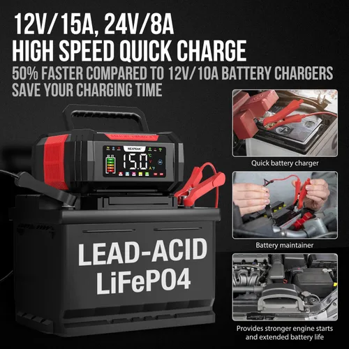 Miniatura 2 de NEXPEAK Cargador de batería de 15 A, cargador de goteo de 12 V/24 V, cargador de batería inteligente LiFePO4 de 9 etapas, mantenedor de batería