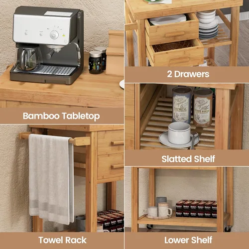 Miniatura 5 de LOKO Carrito de isla de cocina con ruedas, carrito de cocina con ruedas, carrito de cocina de madera rodante con cajones, estantes, toallero