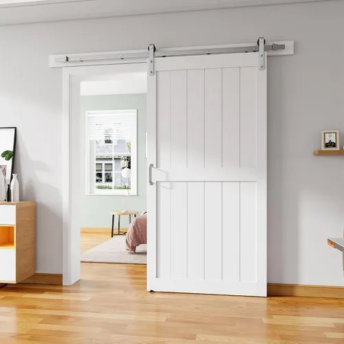Miniatura 13 de Puerta corredera de granero de 28 x 84 pulgadas con kit de herrajes para puerta de granero de 5 pies, mango y guías de suelo, agujeros Blanco