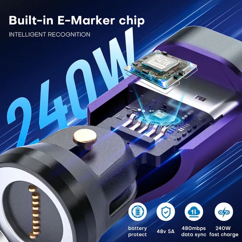 Miniatura 4 de Adaptador magnético USB C a C, 240 W PD de carga rápida de 480 Mbps de datos de 9 pines, conector de ruptura giratorio de 540°, indicador LED