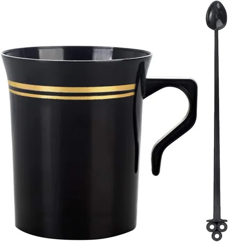 Nervure Paquete de 60 tazas de café de plástico negro con 60 agitadores de café negros, tazas de café desechables de 8 onzas con asas y agitadores