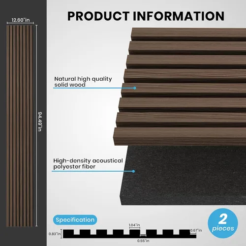 Miniatura 3 de ROOMTEC Paquete de 2 paneles acústicos de pared de madera maciza, paneles de pared insonorizados de 94.49 x 12.6 pulgadas, paneles de pared de Nogal