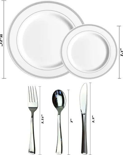 Miniatura 7 de Placas plásticas y cubertería de plata JL primer 125 pieza para 25 huéspedes, pesados platos de plástico desechables borde de plata y cubiertos