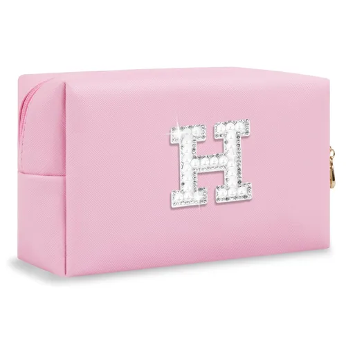 Miniatura 270 de Pequeña bolsa de maquillaje personalizada con inicial A-Z Preppy Patch, bolsa de cosméticos de viaje de felpilla blanca con cremallera, bonita bolsa
