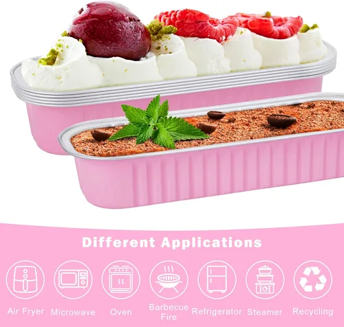 Miniatura 3 de Paquete de 100 Mini Moldes para Pasteles Rosas con Tapas Mini Moldes para Pan y Cucharas y Calcomanías, 6.8 Oz Moldes de Papel de Aluminio, Paquete