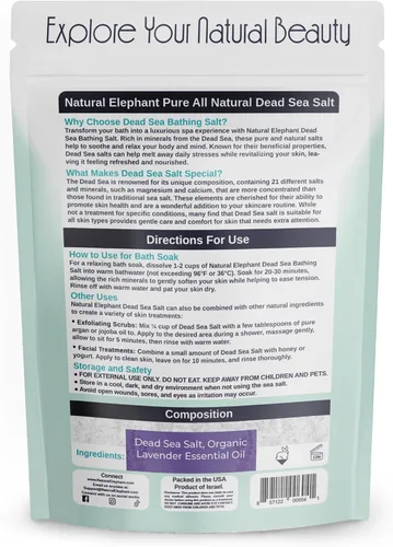 Miniatura 2 de Natural Elephant Sal de baño de lavanda del mar muerto para baño y remojo de pies para relajación y nutrición, 100% puro con aceite esencial