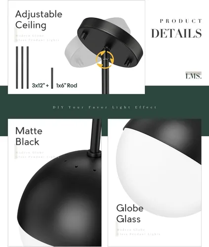 Miniatura 3 de LMS Luces colgantes negras de 8 pulgadas para isla de cocina, lámpara colgante moderna de globo con vidrio esmerilado, lámpara colgante Negro
