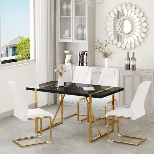 Miniatura 21 de Juego de mesa de comedor moderna de 55 pulgadas para 4, mesa de comedor negra y marco de metal dorado, mesa de comedor rectangular con 4 sillas