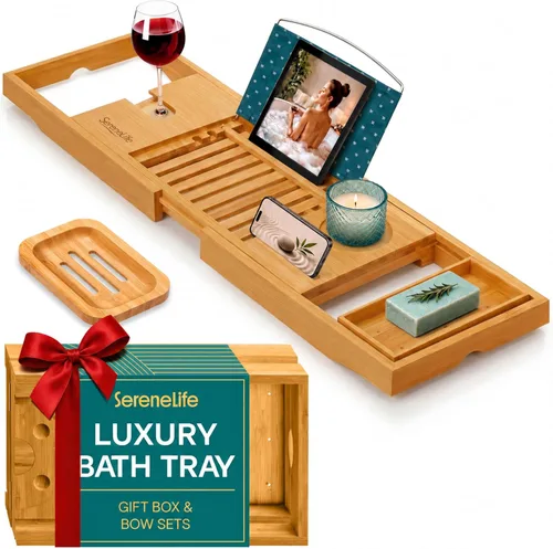 Miniatura 13 de SereneLife SLBCAD20 - Bandeja de bambú de lujo para bañera, organizador ajustable de madera natural para bañera con soporte para vino, colocación