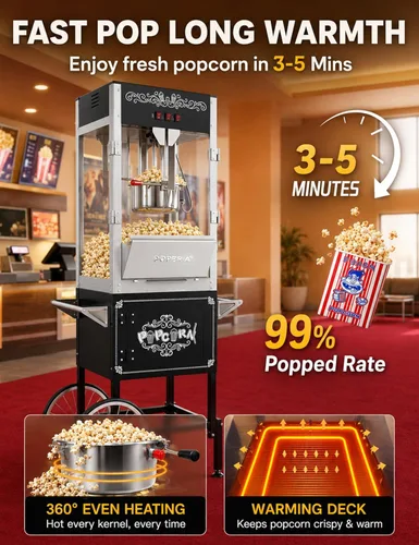Miniatura 5 de Máquina comercial de palomitas de maíz con carro, auténtica máquina para hacer palomitas de maíz de 16 onzas con plataforma de calentamiento, Negro