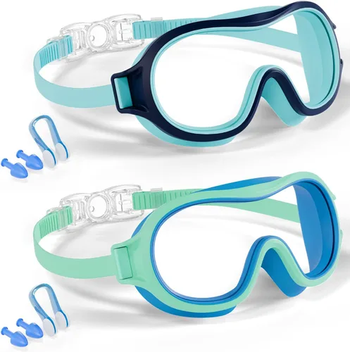 Miniatura 15 de Aegend Paquete de 2 gafas de natación para niños de 3 a 15 años, antivaho, anti-UV, visión amplia, impermeables, sin fugas, para niños y niñas Azul