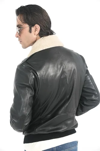 Miniatura 5 de STREGA Chaqueta de cuero para hombre, chaqueta bomber de piel de cordero genuina para hombre, color marrón con cuello Sherpa extraíble, chaqueta
