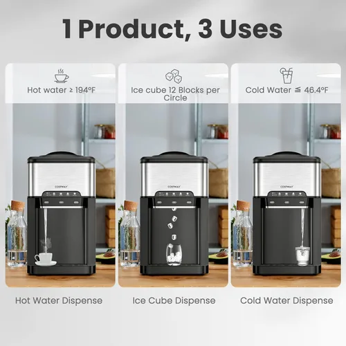 Miniatura 2 de COSTWAY Dispensador de agua 3 en 1 con máquina de hielo, máquina enfriadora de agua caliente y fría de carga superior para el hogar, bloqueo