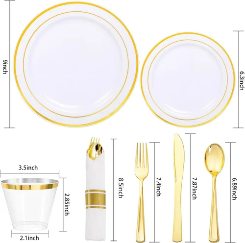 Miniatura 8 de WDF Partyware Juego de vajilla dorada de 350 piezas para 50 invitados, platos de plástico dorado con cubiertos desechables, 50 platos de cena, 50
