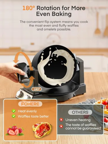Miniatura 4 de FOHERE Máquina de tortilla y wafflera 2 en 1, máquina para hacer gofres de tortilla de 1400 W, giro de 180°, control de tostado ajustable, sartenes