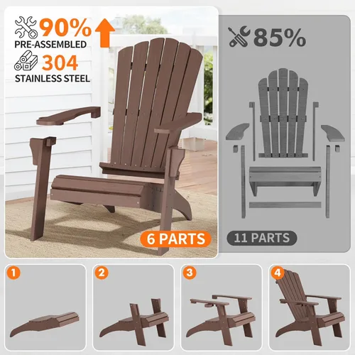Miniatura 7 de Psilvam Silla Adirondack, silla para hoguera de madera de polietileno de gran tamaño con soporte para tazas, sillas de patio de soporte de 350 Marrón