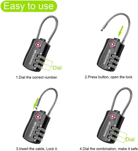 Miniatura 6 de GIVERARE Cerraduras de equipaje aprobadas por la TSA, cerradura de cable de viaje combinada, candados de 3 dígitos reconfigurables con cuerpo de 1