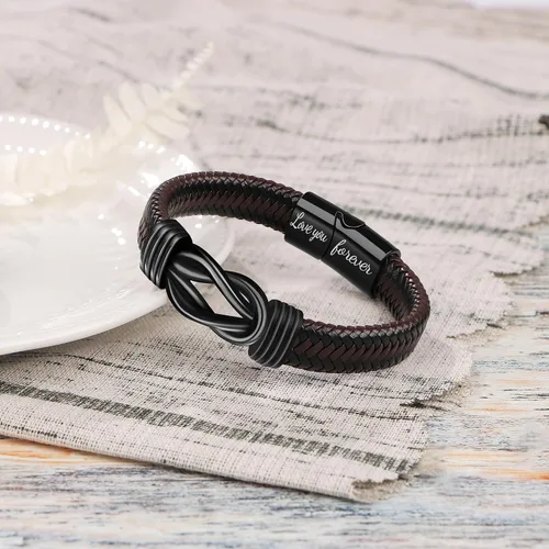 Miniatura 2 de Regalo para Hombres Pulsera Infinita para Hombres Papá Marido Novio Hijo Nieto Hermano Sobrino Tío Cuero Trenzado Marrón Siempre Unidos Acero