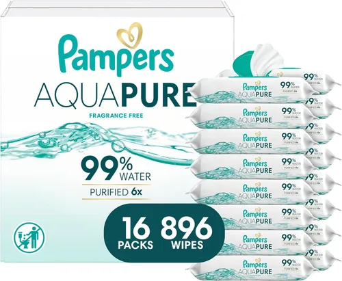 Pampers Aqua Pure Toallitas para bebé, 99% agua, sin fragancia, 896 toallitas para bebé en total (16 paquetes con tapa abatible) [El embalaje puede